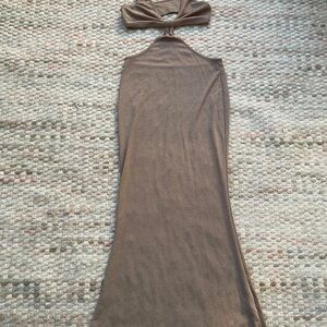 Chic Tan Halter Maxi Dress with Bow